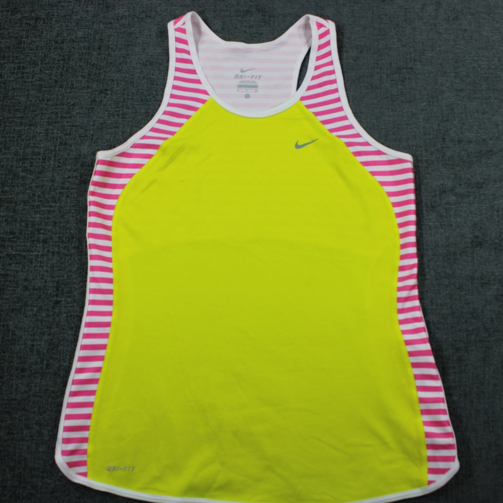 Nike Dri-FIT Womens Tank Top Neon Yellow Pink Striped Racerback Running Small